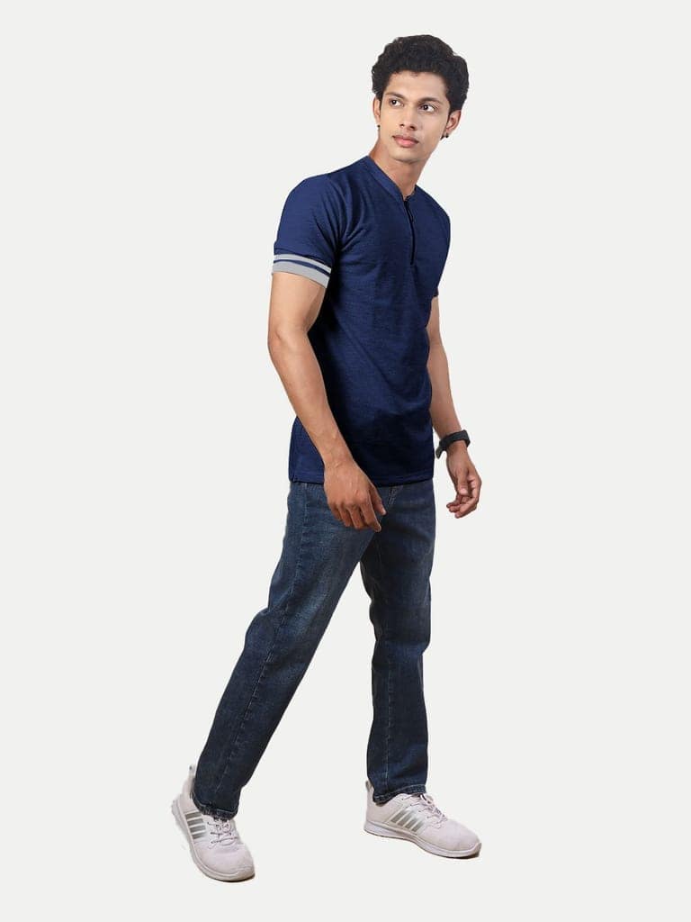 Men Solid Tees Henley Neck- Navy Colour view 2