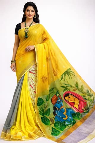 DHRUVINSRI Premium Hand Painted Kerala Cotton Kasavu Saree with Golden Zari Border | 6.5M Acrylic Hand Painted Radha Krishna Vrindavan Artwork | Traditional Indian Ethnic Saree with Running Blouse