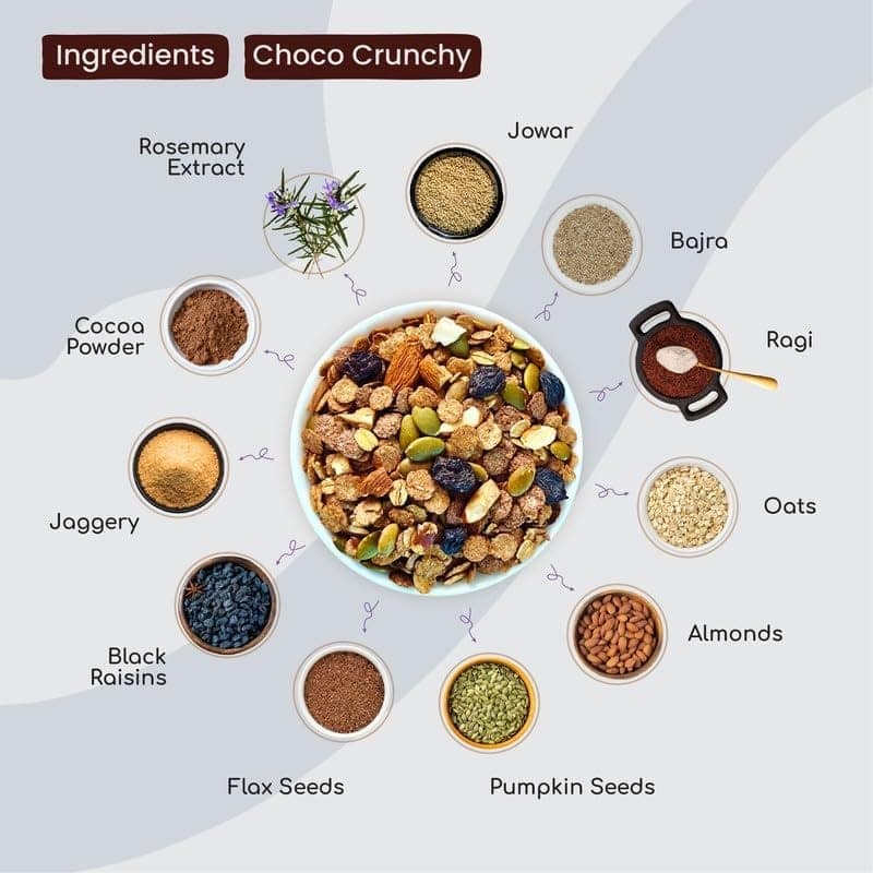 Ollefud Millet Muesli Combo | Vanilla Delight 400g + Choco Crunchy 350g | With Fruits, Nuts & Seeds | Healthy Breakfast Cereal | Pack of 2 | 750g view 8