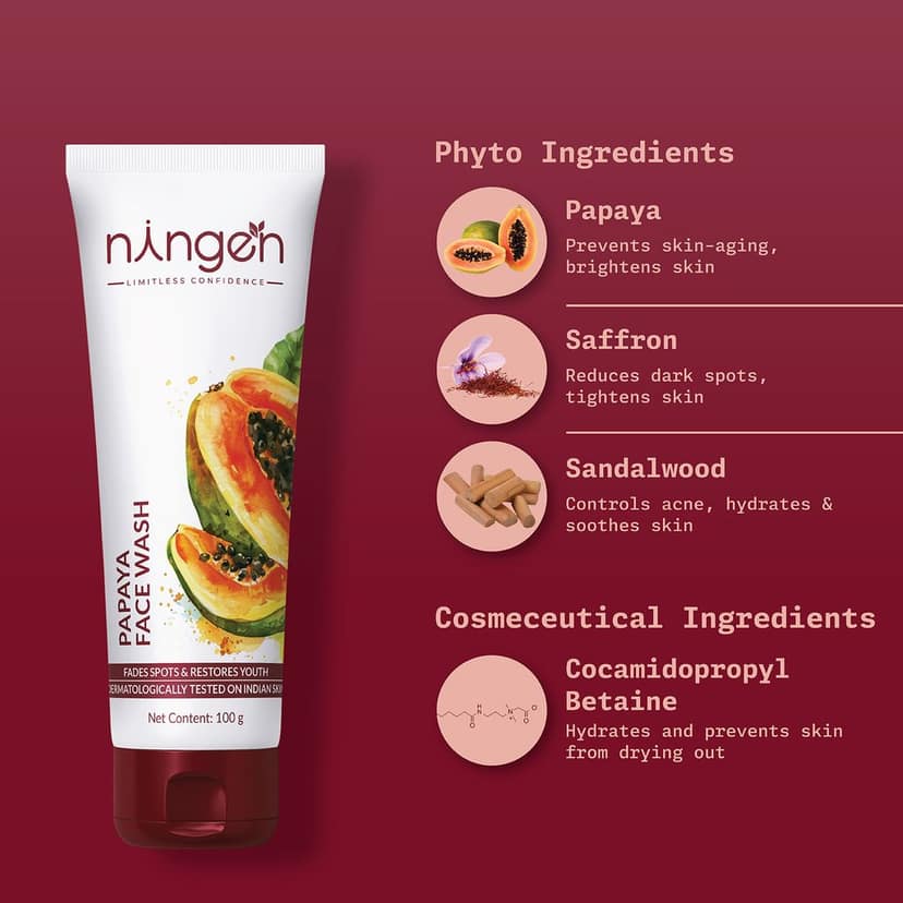 Ningen Papaya Face Wash I Enriched with Saffron and Sandalwood I Irritation Free, Paraben Free I Treats Dryness, Itching & Pollution allergy I 100g, White view 2