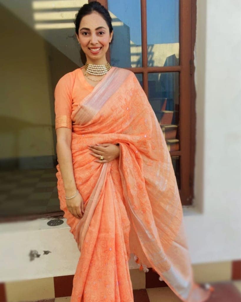 Pure Linen Embroidered Handloom Warm Orange Saree with Running Blouse Handcrafted-1590