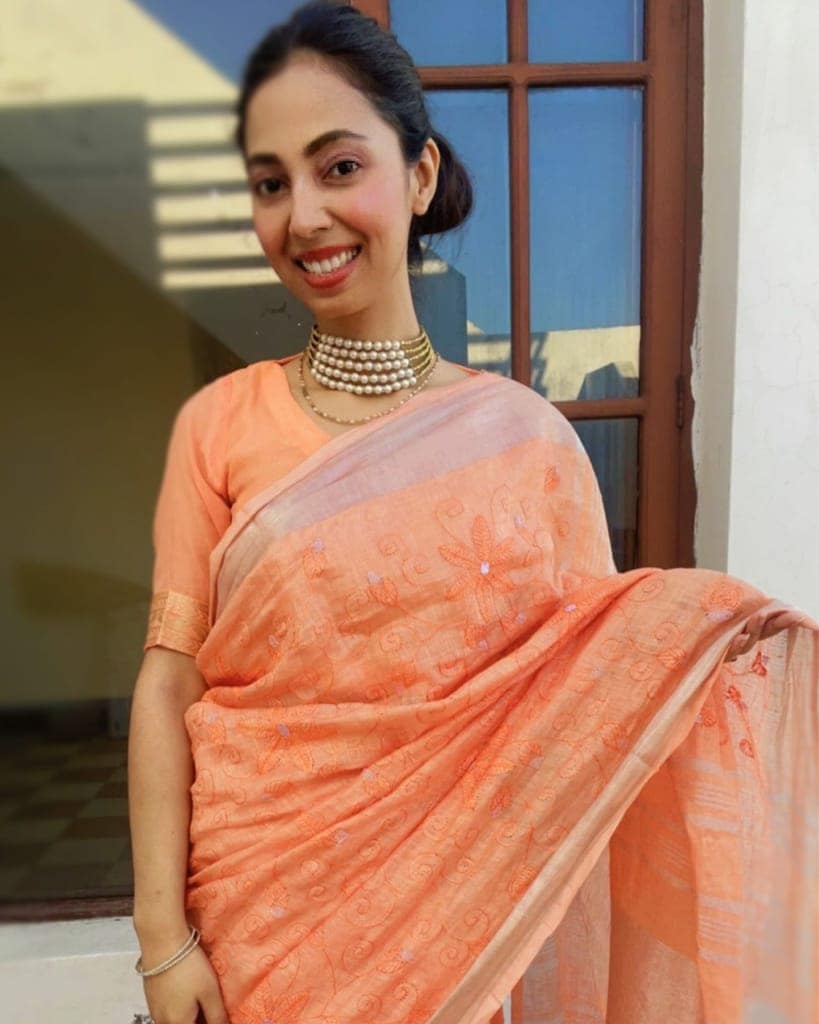 Pure Linen Embroidered Handloom Warm Orange Saree with Running Blouse Handcrafted-1590 view 2