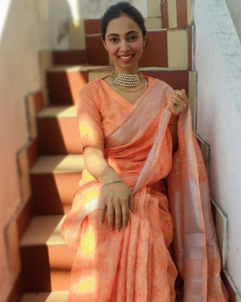 Pure Linen Embroidered Handloom Warm Orange Saree with Running Blouse Handcrafted-1590 view 4