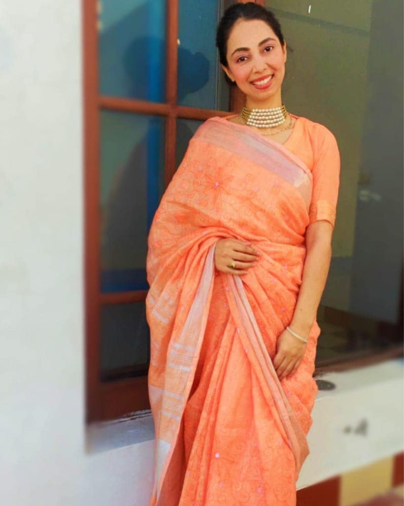 Pure Linen Embroidered Handloom Warm Orange Saree with Running Blouse Handcrafted-1590 view 5