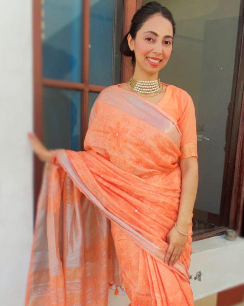 Pure Linen Embroidered Handloom Warm Orange Saree with Running Blouse Handcrafted-1590 view 6