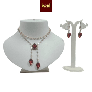 Iseul Showline - Luxury Handcrafted Rose Gold Short Necklace Set with Heart Shape Pendant, matching Earrings, Red