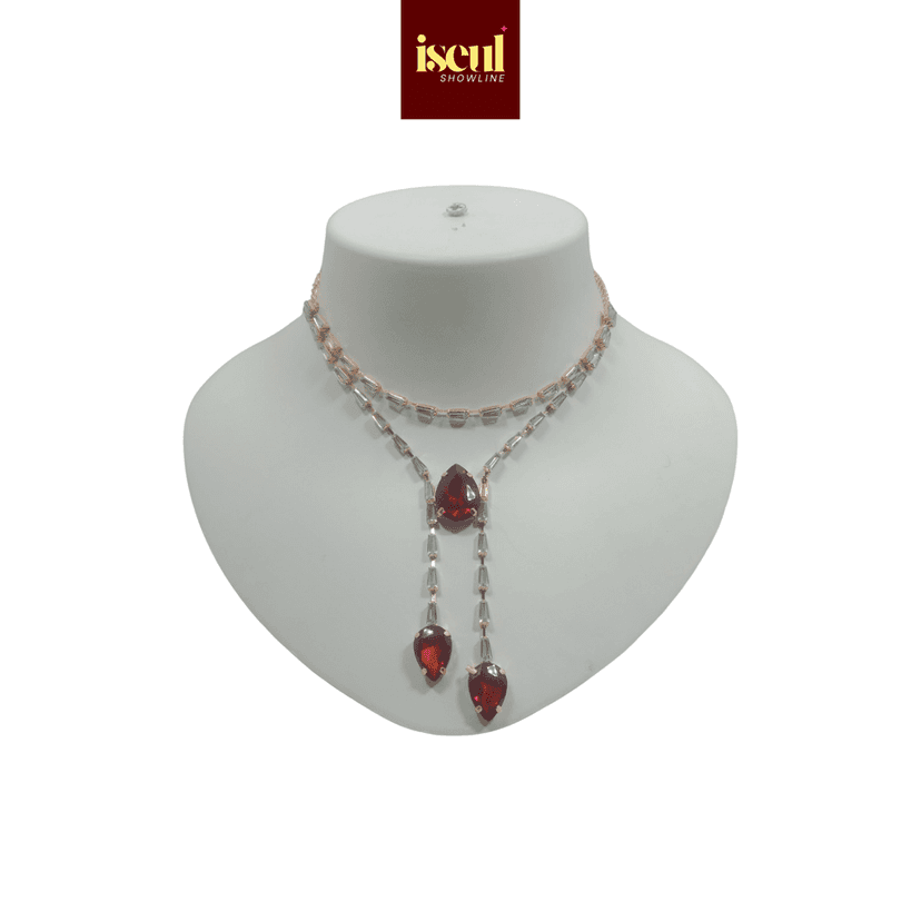 Iseul Showline - Luxury Handcrafted Rose Gold Short Necklace Set with Heart Shape Pendant, matching Earrings, Red view 2