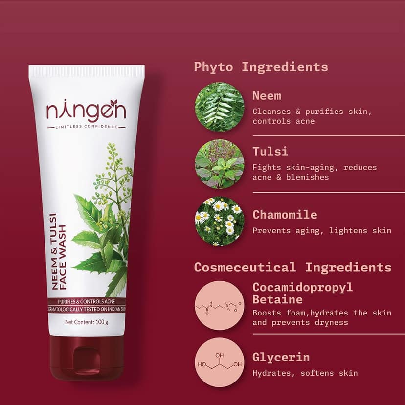 Ningen Neem and Tulsi Face Wash I Goodness of Marigold and Chamomile I Irritation Free, Paraben Free I Removes Oil, Blemishes, Acne, Impurities, Delays Ageing I 100g view 4