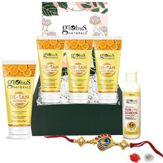 (Combo of 5) Globus Naturals De-Tan Rakhi Gift Box - For Brother And Sister, Face Wash, Face Cream, Face Scrub, Face Pack, Sunscreen Lotion
