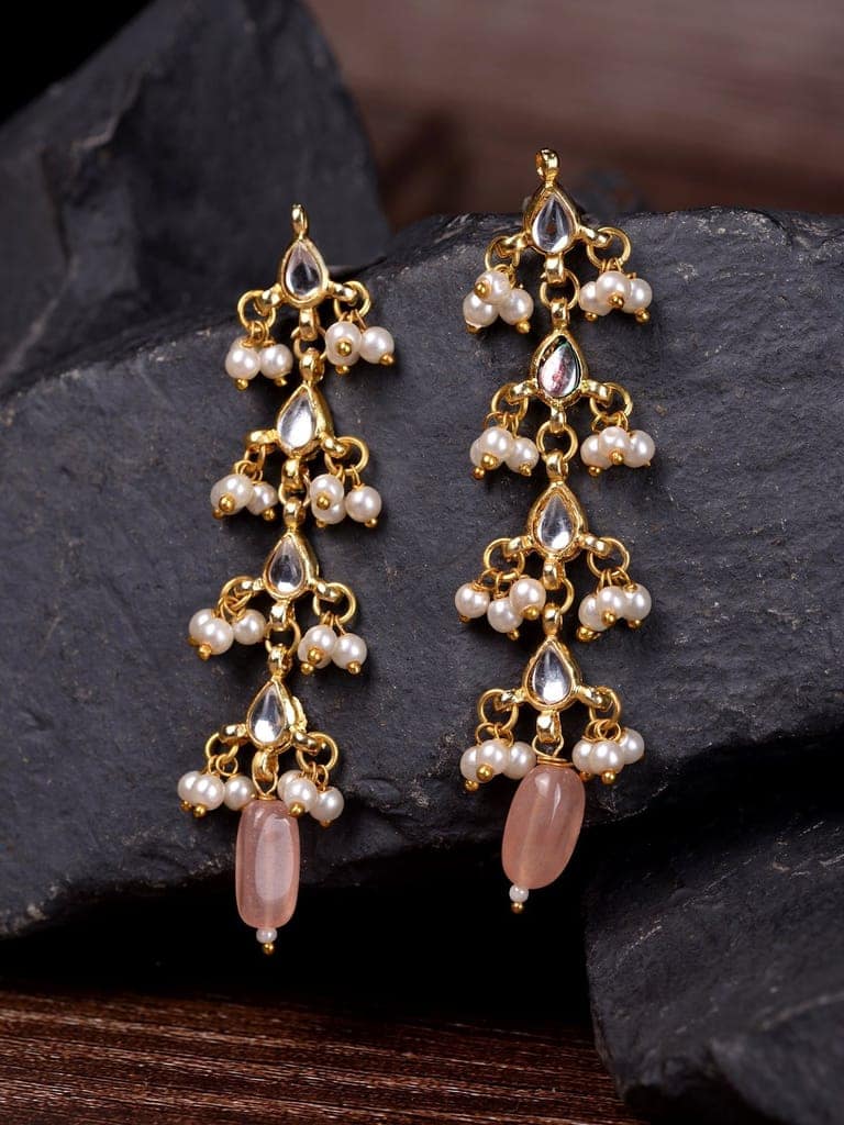 Gold Plated Kundan Pearl Beaded Dropdown Earrings view 2