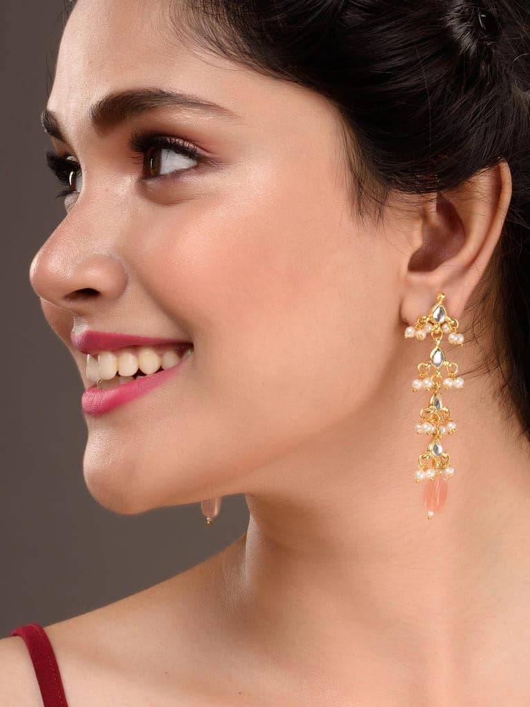 Gold Plated Kundan Pearl Beaded Dropdown Earrings view 3