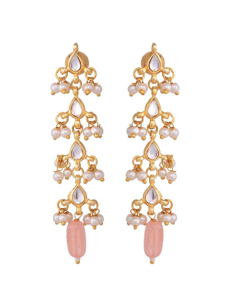 Gold Plated Kundan Pearl Beaded Dropdown Earrings view 4
