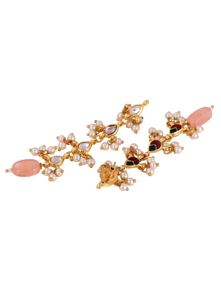 Gold Plated Kundan Pearl Beaded Dropdown Earrings view 5