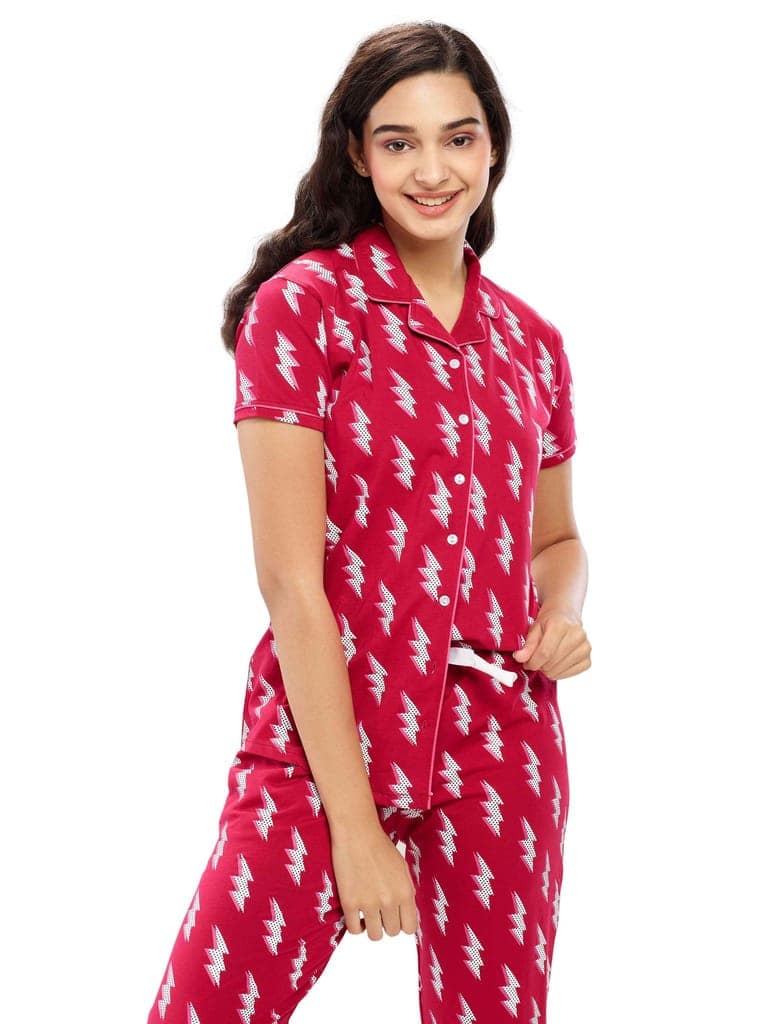 ZEYO Women's Cotton 3PCS Blue Flash Printed Night suit set view 2