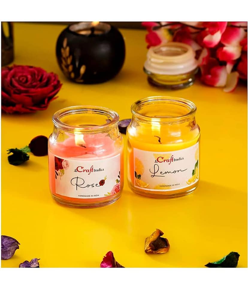 eCraftIndia Set of 2 Lemon & Rose Scented Jar Candles view 2