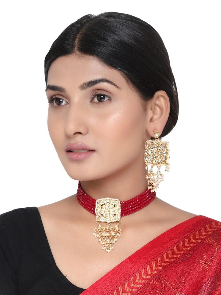 Cardinal Maroon Color Onyx Multistring Brass Gold Plated Choker Necklace Set