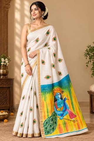 DHRUVINSRI Premium Ivory White Kerala Kasavu Cotton Hand Painted Saree | Peacock Tree of Life Ethnic Motif | Fine Lightweight Cotton Kasavu Saree | Artisan Handmade Indian Traditional Saree for Women