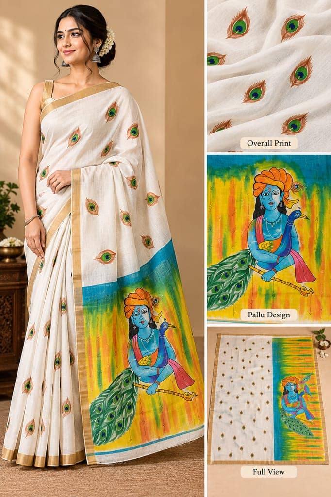 DHRUVINSRI Premium Ivory White Kerala Kasavu Cotton Hand Painted Saree | Peacock Tree of Life Ethnic Motif | Fine Lightweight Cotton Kasavu Saree | Artisan Handmade Indian Traditional Saree for Women view 2