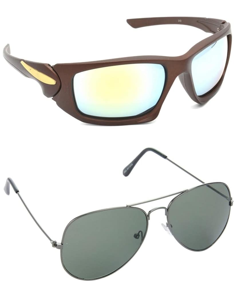 HRINKAR Men Sports Sunglasses Brown & Grey Frame, Silver & Green Lens (Medium) - Pack of 2