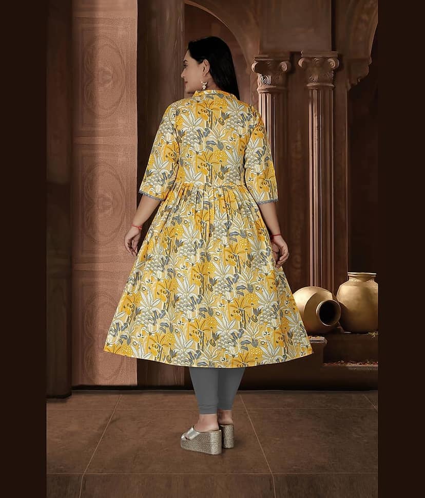 RIAANA Women Cotton Printed Anarkali Kurti ( Yellow ) view 2