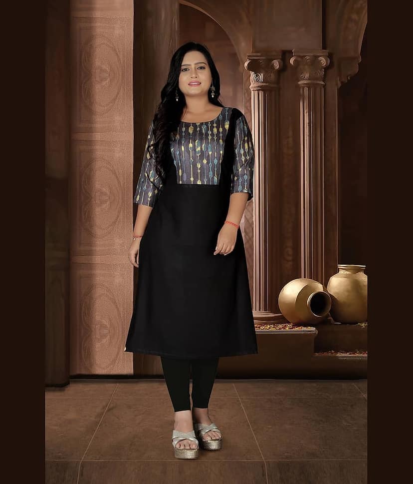 RIAANA Women Rayon Printed A-line Kurti ( Black )