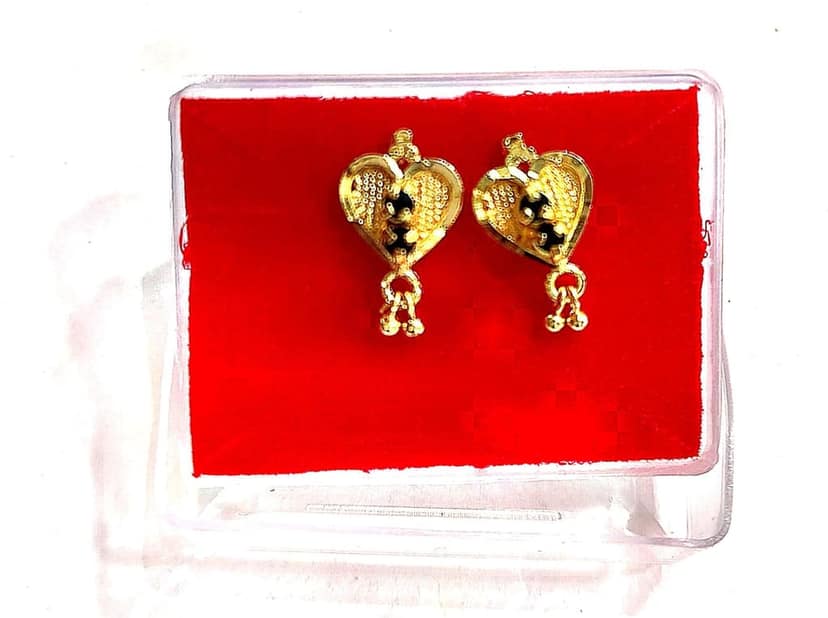 Gold Plated Heart Shape Earrings with Black Stone view 4