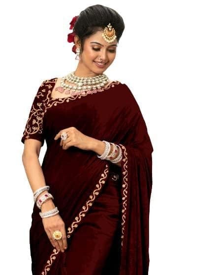 Dream Crushers Women's Heavy Velvet Embroidery Border Saree With Embroidery work Blouse Piece view 6