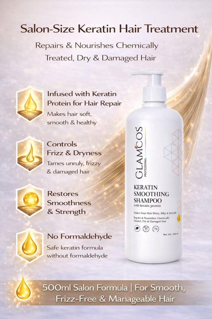 Glamcos Professional Keratin Smoothing Shampoo with Keratin Protein | Salon-Size Repair Shampoo for Dry, Damaged & Chemically Treated Hair | Smooth, Strong & Shiny Hair – 500 ml view 3