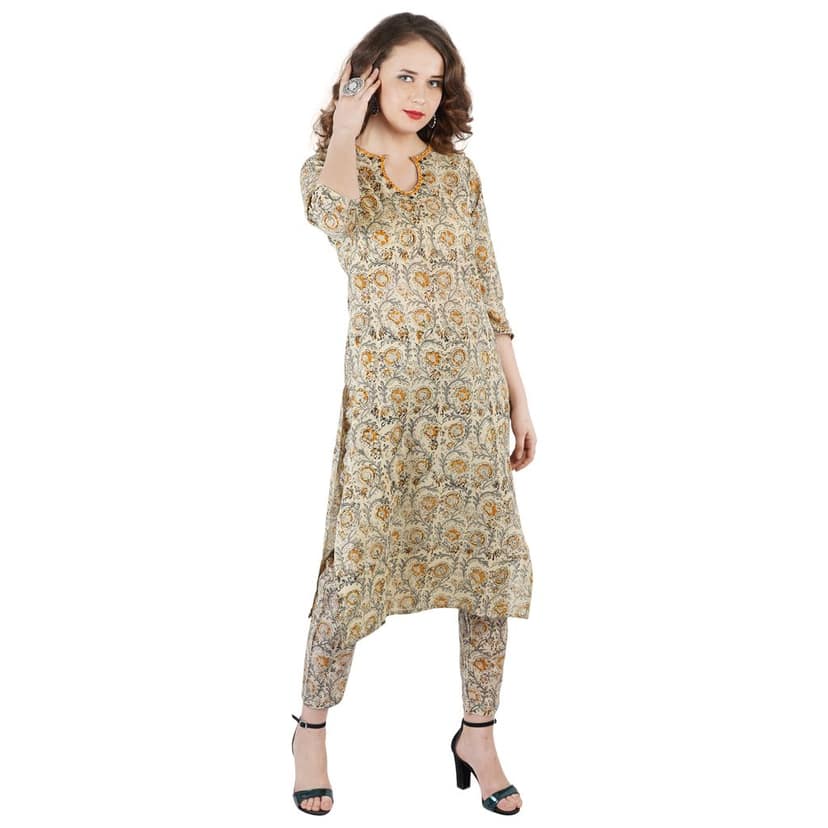 Multi Color Cotton Block Printed Kurti Pant Set view 4