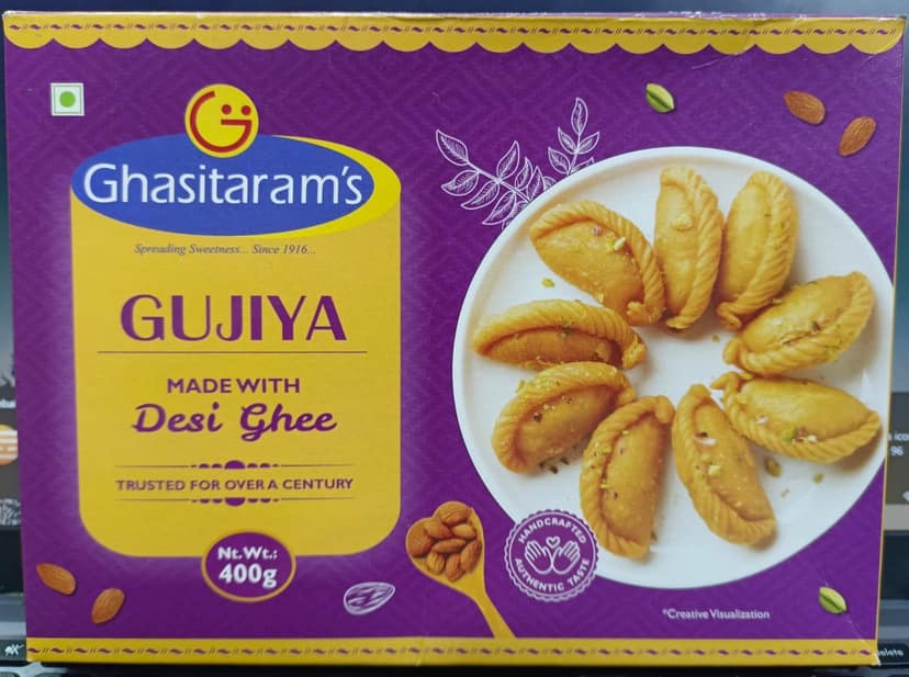Ghasitaram's Holi Special Hamper Gujiya 400g, Kaju Katli 100g, 2 Namkeen Packets with Free Organic Colour view 2