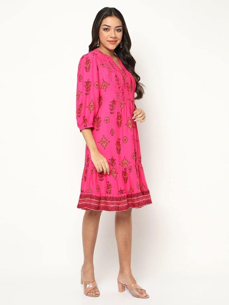 Fuchsia Printed Flared Dress view 3