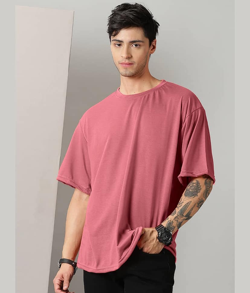 RodZen Cotton Blend Oversized Fit Solid Half Sleeves Men's Round T-Shirt - Pink ( Pack of 1 )