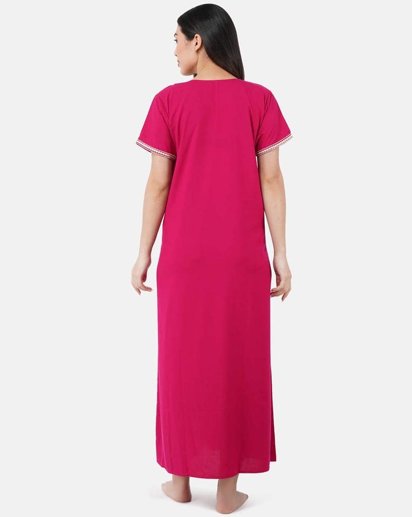 KOI SLEEPWEAR Premium Women White Contrast Embroidery Night Gown Lizzybizzy Cotton Nighty Maxi (X-Large, Pink)� view 5