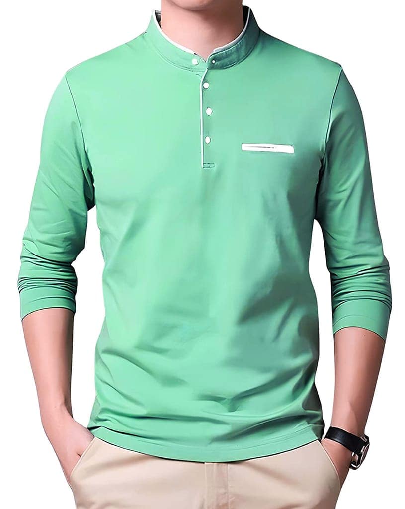 Basonti Mandarin Neck Solid Long Sleeve Mens T-Shirt