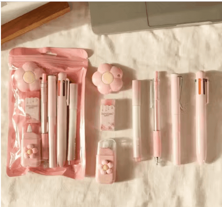 6 Pcs Flower Themed Pink Stationery Set - Eraser, Tape, Pens view 2