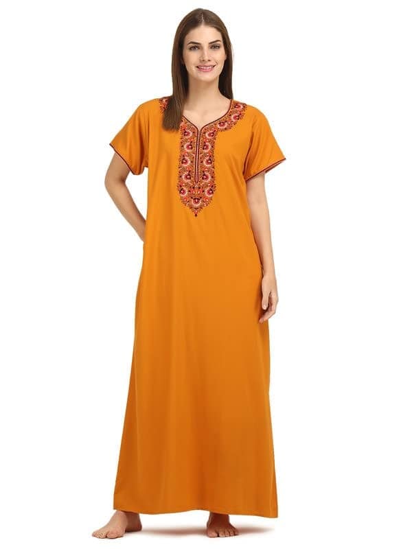 KOI SLEEPWEAR Women's Paan Shape Cotton Blend Embroidered Full Length Night Gown/Maxi/Nighty (Sunflower Mustard, L)