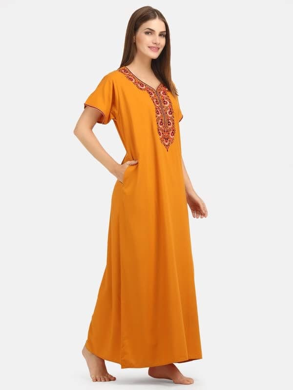 KOI SLEEPWEAR Women's Paan Shape Cotton Blend Embroidered Full Length Night Gown/Maxi/Nighty (Sunflower Mustard, L) view 4