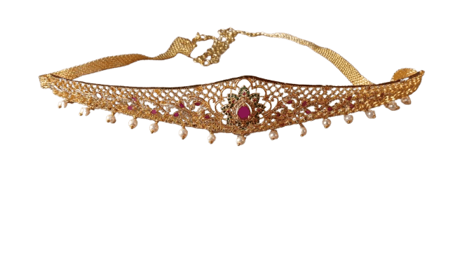 18K Gold Plated Traditional Indian Kempu Stone Belt Vaddanam Waist Chain for Women view 3