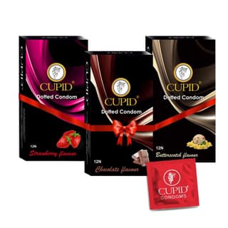 Cupid Dotted & Flavoured Condoms Chocolate, Strawberry & Butterscotch Flavour (Pack of 3) | Lubricated & Multitextured Condoms | For Her Enhanced Pleasure | Pack of 3, 12 Pcs Each