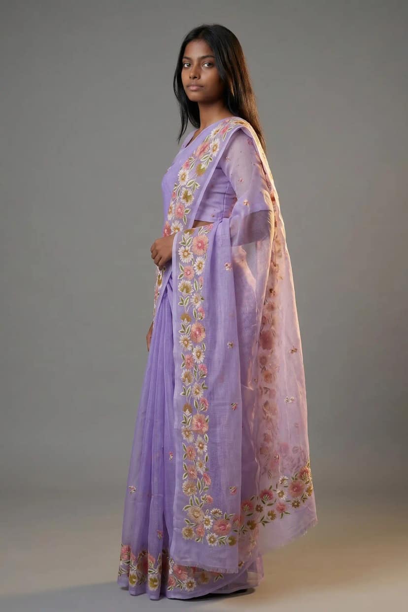 Kota Doria Cotton Saree Lavender Embroidered Floral Buti view 2