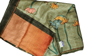 Green and Orange Handloom Pure Katan Silk Saree With Blouse Piece