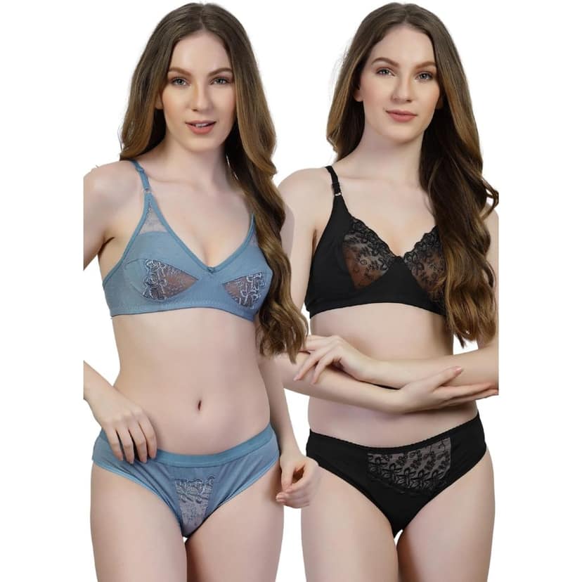 adornstar Women Cotton Lingerie Set with Solid Color Design | Non Wired and Non Padded Bra with Full Coverage Hipster Panty Set | Stylish and Soft Stretchable Fabric (Pack of 2)