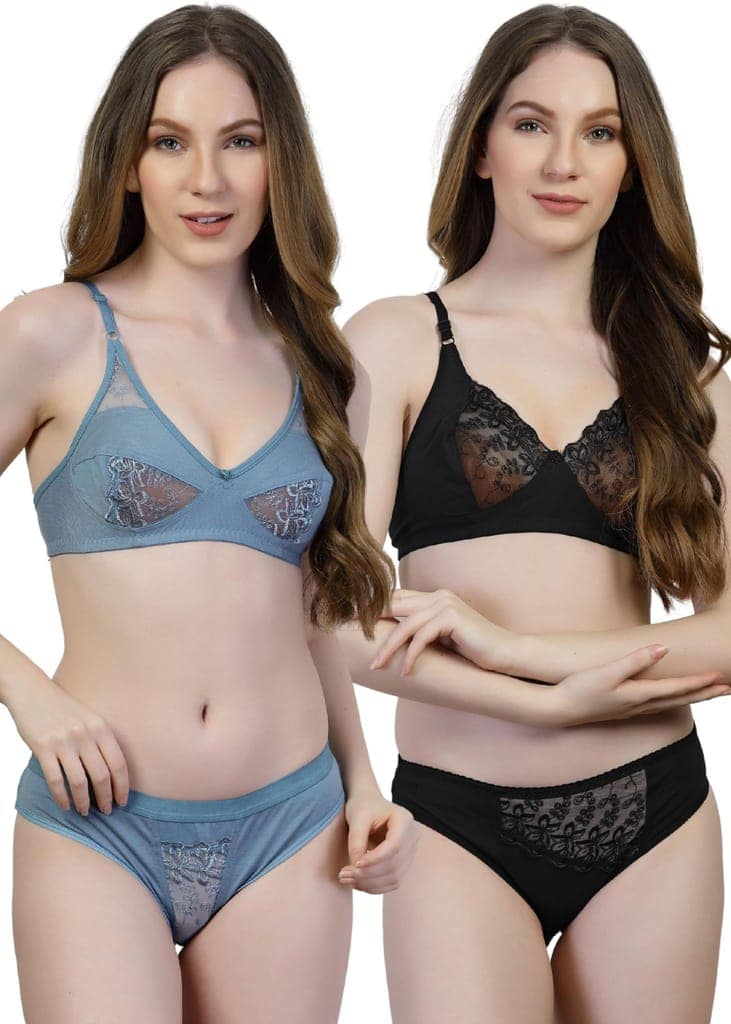 adornstar Women Cotton Lingerie Set with Solid Color Design | Non Wired and Non Padded Bra with Full Coverage Hipster Panty Set | Stylish and Soft Stretchable Fabric (Pack of 2) view 2