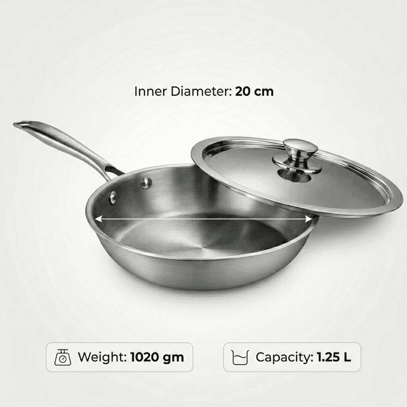 WEKTU Triply Stainless Steel Frypan with Stainless Steel Lid– 3-Layer Heavy-Gauge Frying Pan with Riveted Cool Touch Handle | Induction & Gas Compatible Skillet view 2