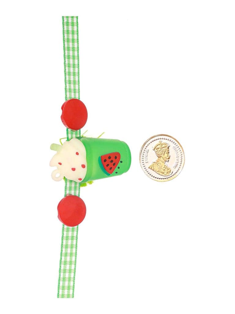 Green Ice Cream Shape Toy Ribbon Rakhi for Kids with 999 Pure Silver King George 1 gram Silver Coin view 2