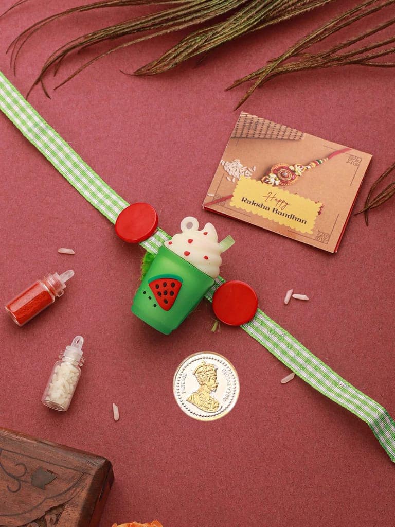 Green Ice Cream Shape Toy Ribbon Rakhi for Kids with 999 Pure Silver King George 1 gram Silver Coin view 3
