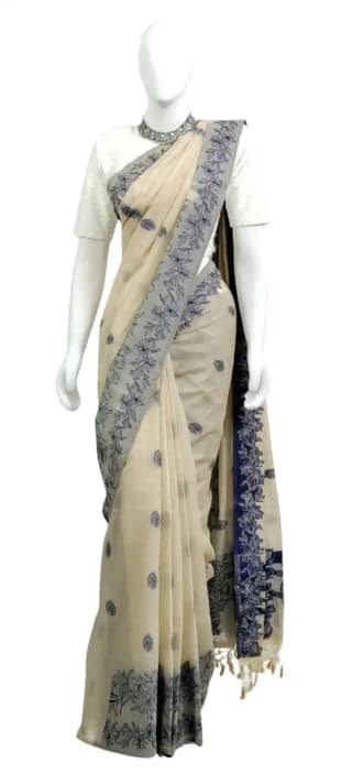 Odisha Handloom Cotton Saree Indigo Lily Border Buti