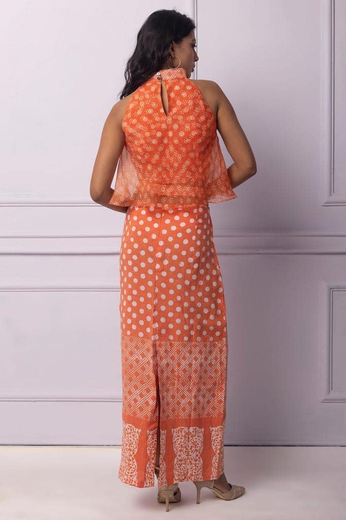 Orange Batik Printed Halter Neck With Organza Layer Top view 4