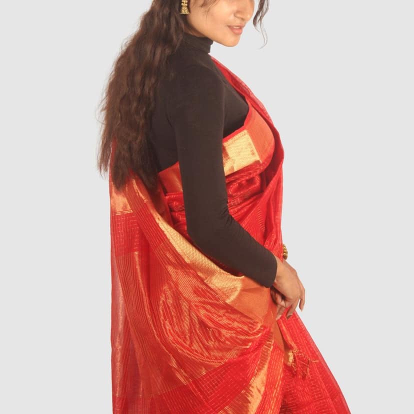 Royal Crimson Maheshwari Silk Cotton Handloom Saree with Antique Gold Zari view 5