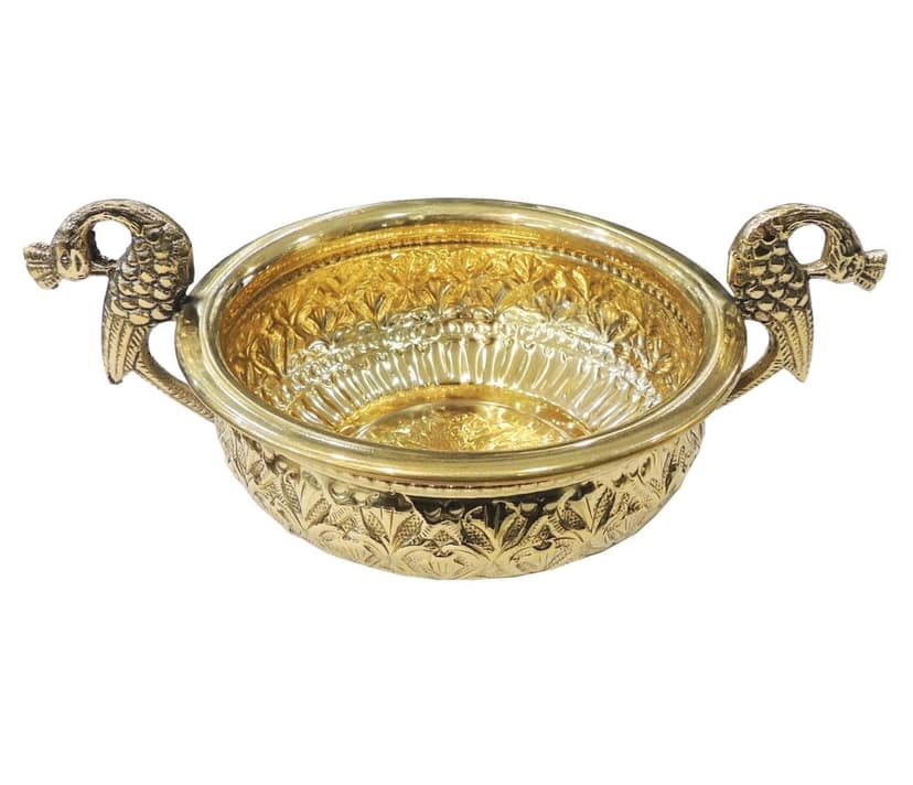 Brass Peacock Design Urli Bowl | Brass Peacock Urli | Decorative Diya Bowl for Home Decoration, Height : 5.5 Inch (ATMAS091 D) view 2
